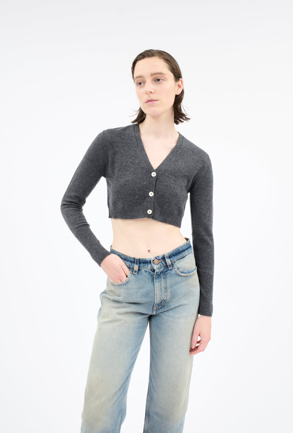ODEEH - Kaschmir Strickjacke Granit Cropped mit V-Ausschnitt