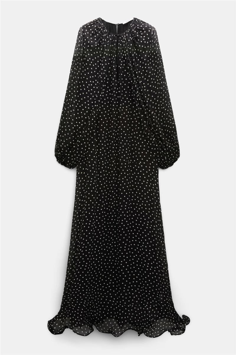 Dorothee Schumacher - DANCING DOTS Dress White Dot on Black | Maxikleid aus Viskose-Georgette mit Polka-Dot-Print & Volantsaum